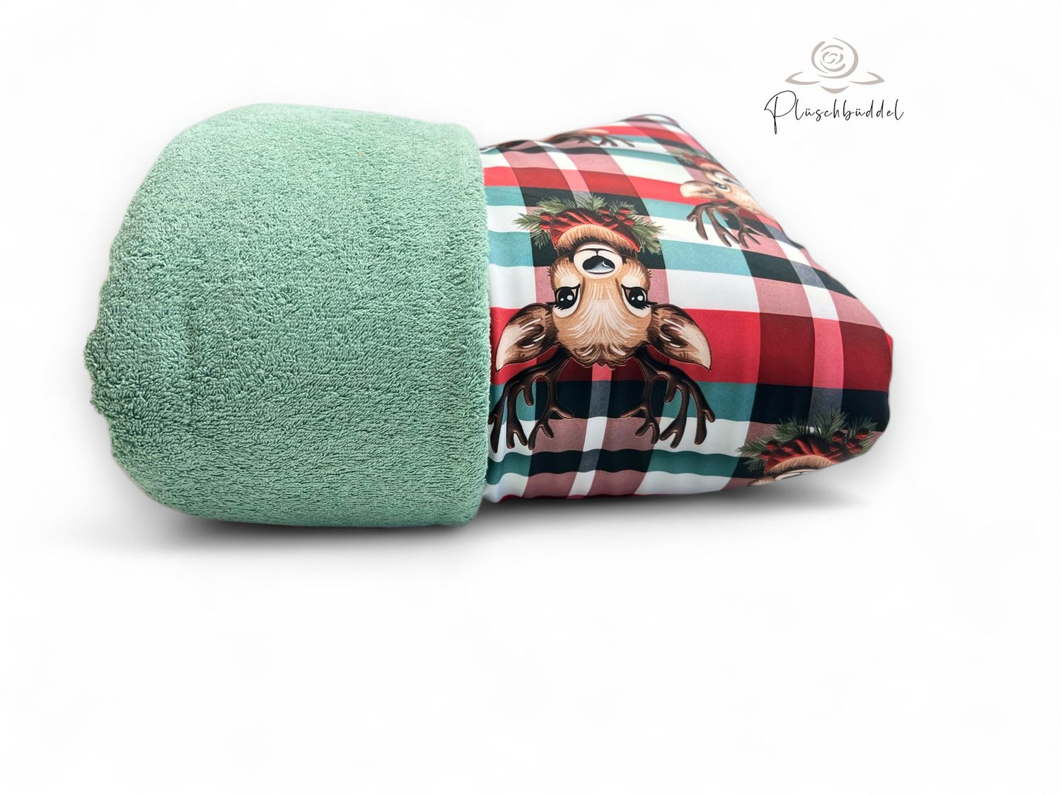 PLÜSCHBÜDDEL LUXUS OUTDOOR //  Grösse M ca. 95x65 cm // Softshell Rentier auf Karo + Frottée Altgrün // SOFORTKAUF