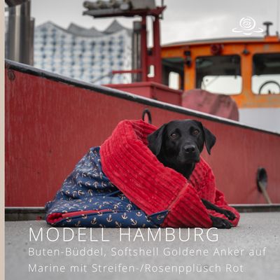 MODELL HAMBURG  // Softshell Goldene Anker auf Marine + Plüsch in Rot + optional mit Reißverschluss