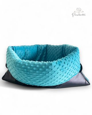 PLÜSCHBÜDDEL OUTDOOR CLASSIC // Grösse S ca. 65x45 cm // Kunstleder Metallic Blue + Minky Dots Türkis + Reißverschluss Türkis // SOFORTKAUF