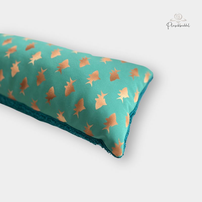 MINI-KISSEN // ca. 20x40 cm // Softshell Goldene Haie mit Frottée Petrol // SOFORTKAUF 