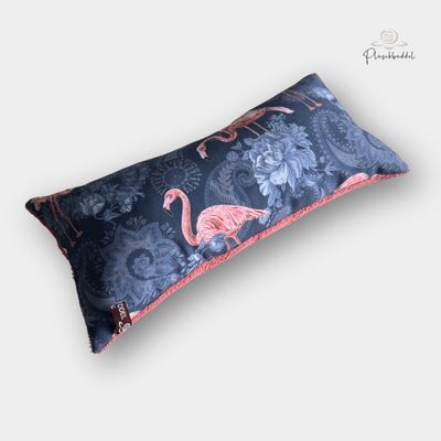 MINI-KISSEN // ca. 20x40 cm // Softshell Flamingo auf Ornamenten in Blau mit Frottée Altrosa // SOFORTKAUF