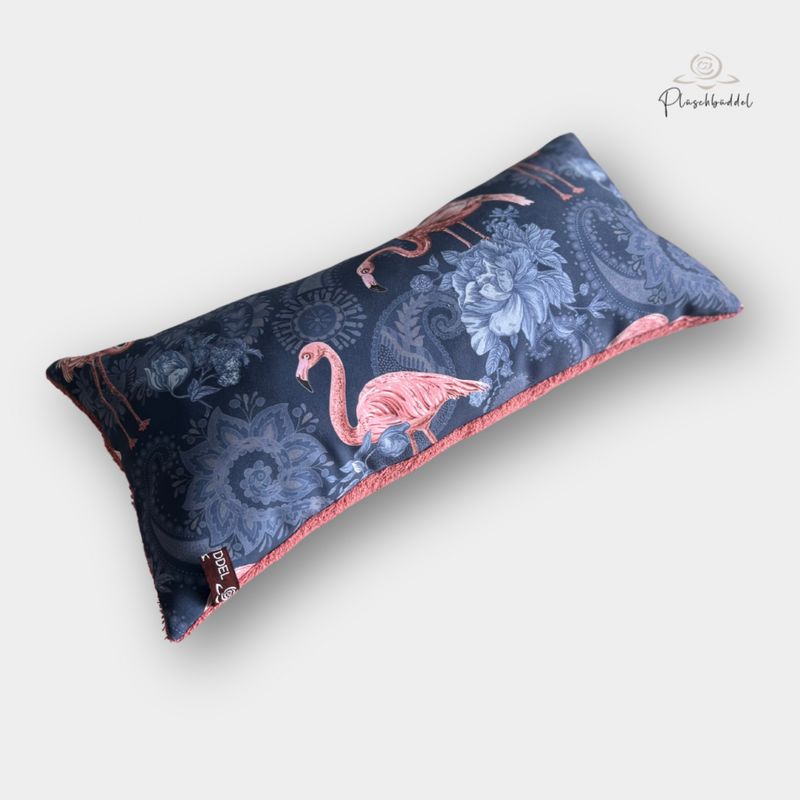 MINI-KISSEN // ca. 20x40 cm // Softshell Flamingo auf Ornamenten in Blau mit Frottée Altrosa // SOFORTKAUF