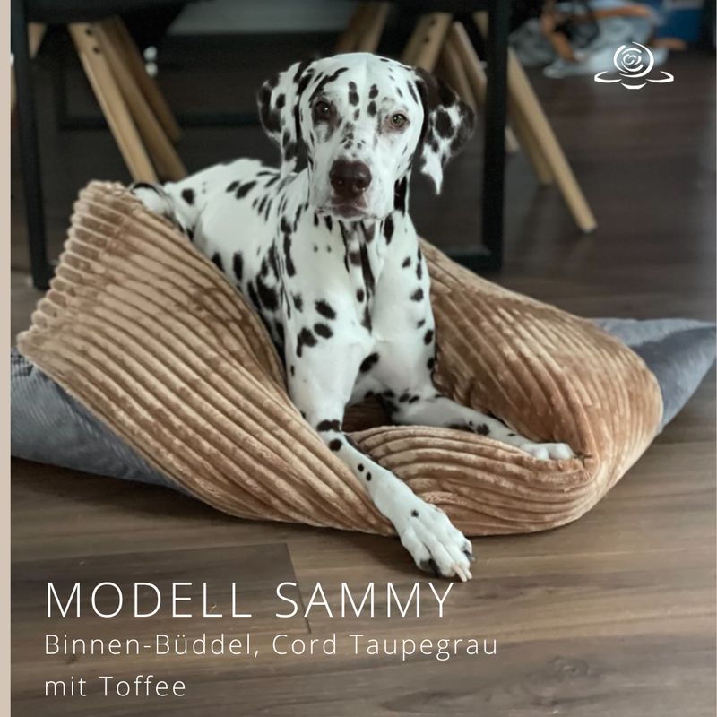 MODELL  SAMMY // Cord Grau + Streifenplüsch Toffee + optional mit Reißverschluss