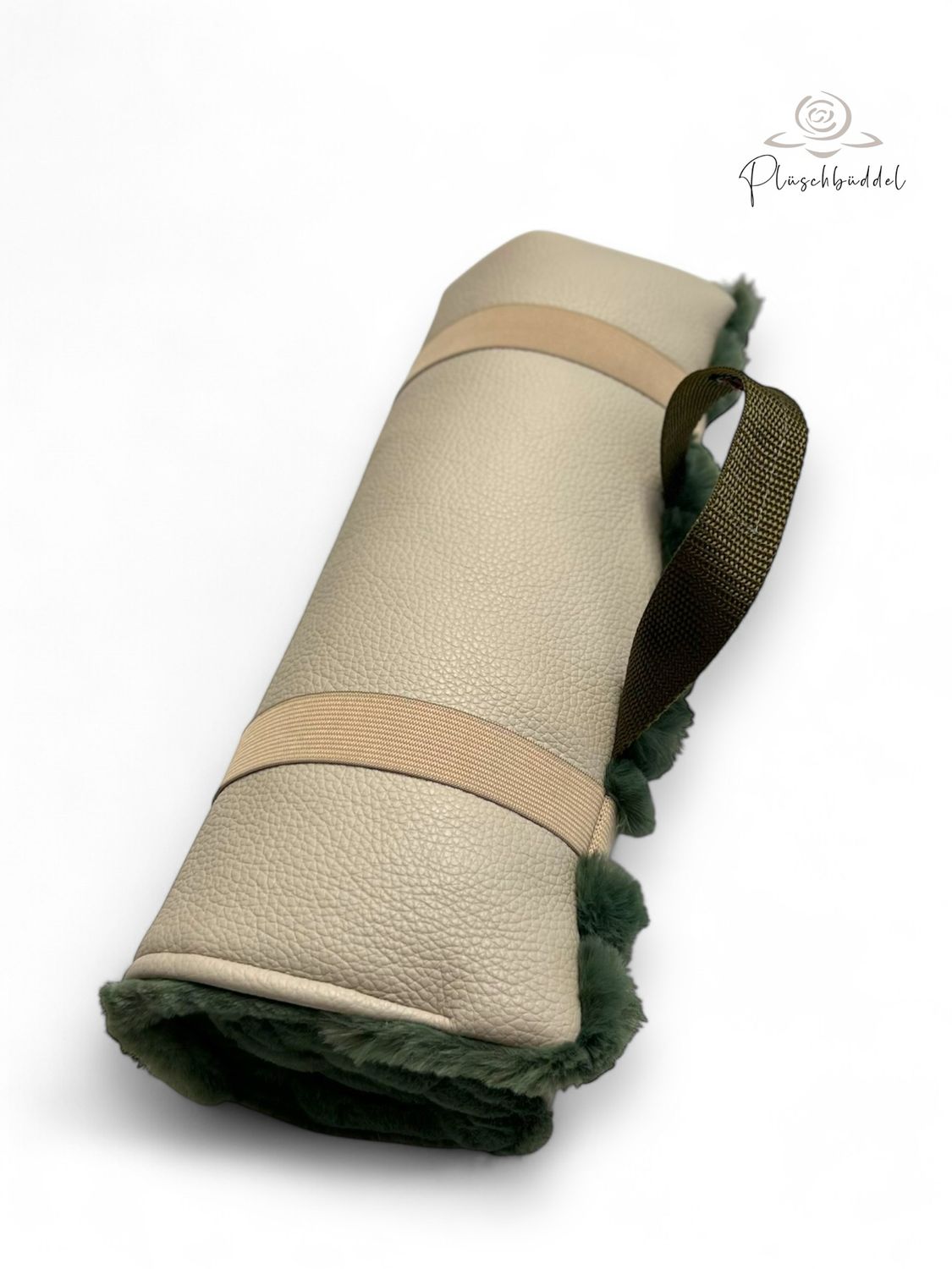 SITZKISSEN KLEINE MATTE // ca. 30x50 cm // Kunstleder Büffel Beige mit Dicke Streifen Grün mit Handgriff und Gummibändern // Sitzkissen to go