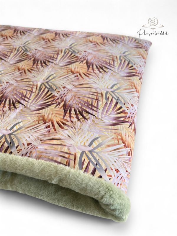 PLÜSCHBÜDDEL OUTDOOR PREMIUM // Größe XL ca. 145x65 cm // Softshell Palmenblätter + Kunstfell Eykalyptus // SOFORTKAUF