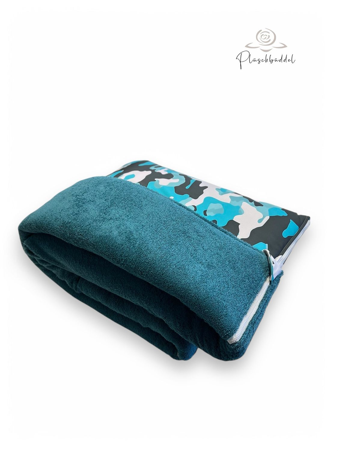 HUNDESCHLAFSACK OUTDOOR &amp; INDOOR LUXUS // Grösse L ca. 120x65 cm  //  Sofshell Special Camouflage Petrol + Frottée Petrol + Reißverschluss Hellgrau // SOFORTKAUF
