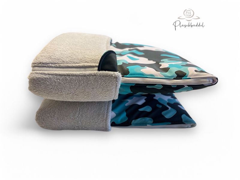 HUNDESCHLAFSACK OUTDOOR &amp; INDOOR LUXUS // Größe kleiner M ca. 90x65 cm // Softshell Special Camouflage Petrol  mit Frottée Hellgrau + Reißverschluss Hellgrau // SOFORTKAUF