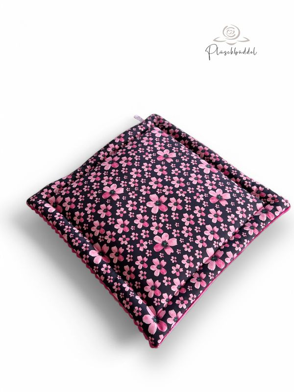 KLEINE MATTE SITZKISSEN PREMIUM // ca.  51 x 51 cm  // Softshell Rosapinke Blümchen mit Streifenplüsch Pink