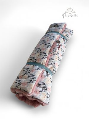 ROLLPOFA PREMIUM  // ca. 78 x 99 cm  // Softshell Pastellblumen auf Hellgrau mit Bubbles Rosé / Altrosa // mit 4 cm Volumenvlies inkl. Handgriff und Gummibänder