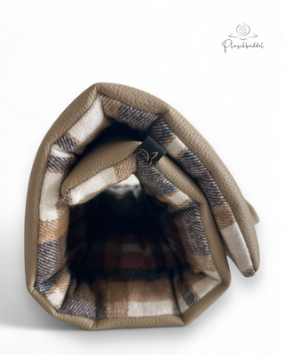 ROLLPOFA PREMIUM // ca. 45 x 70 cm // Kunstleder Büffel Beige mit Baumwollflanell Braunlau Karo // mit 4 cm Volumenvlies inkl. separatem Tragegurt