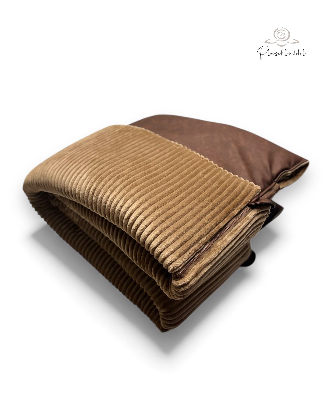 PLÜSCHBÜDDEL OUTDOOR PREMIUM // Größe XL ca. 145x95 cm geschlossen // Kunstleder Vintage Mahagoni + Streifenplüsch Toffee + Reissverschlulss Braun // HOHE VARIANTE SOFORTKAUF