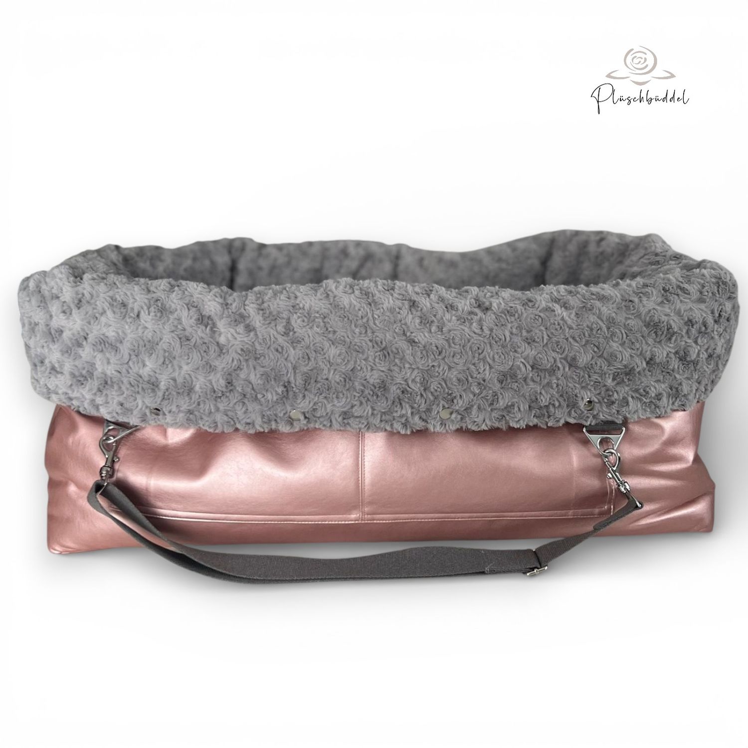 BÜDDELBAG SOFORTKAUF CLASSIC //  Grösse L // Kunstleder Metallic Rosé mit Wechsel-Inlet Rosenplüsch Hellgrau mit Tragegurt Hellgraumelange // Typ B
