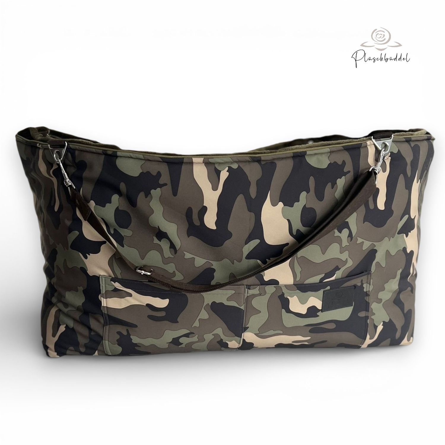 BÜDDELBAG SOFORTKAUF PREMIUM //  Grösse L // Softshell Armeegreen mit Wechsel-Inlet Streifenplüsch Armegreen, Tragegurt Dunkelbraun // Typ B