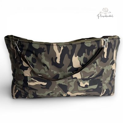 BÜDDELBAG SOFORTKAUF PREMIUM //  Grösse L // Softshell Armeegreen mit Wechsel-Inlet Streifenplüsch Armegreen, Tragegurt Dunkelbraun // Typ B
