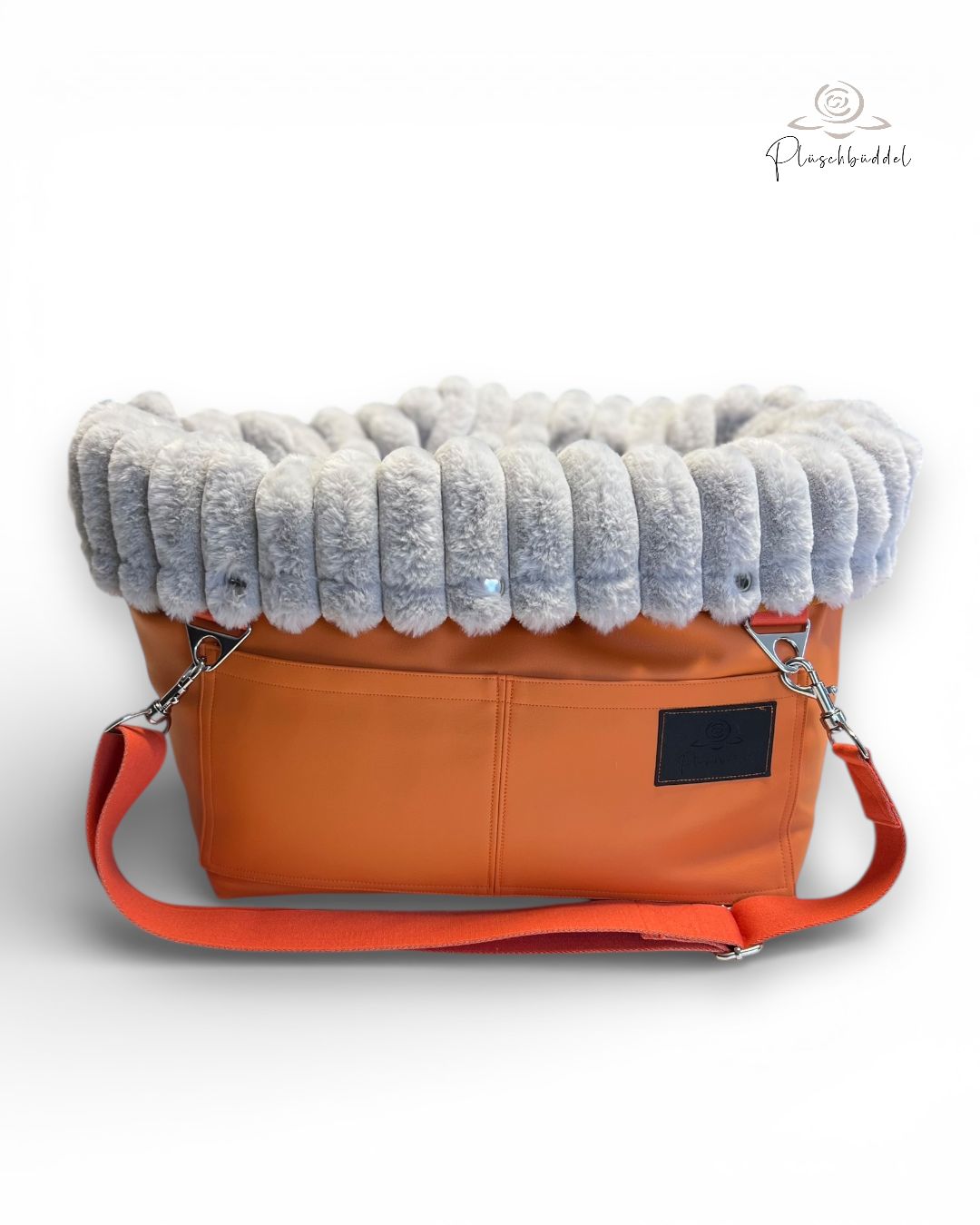 BÜDDELBAG SOFORTKAUF PREMIUM // Grösse S TYP B // Kunstleder Orange mit Wechsel-Inlet Rippen Hellgrau mit Tragegurt in Orange