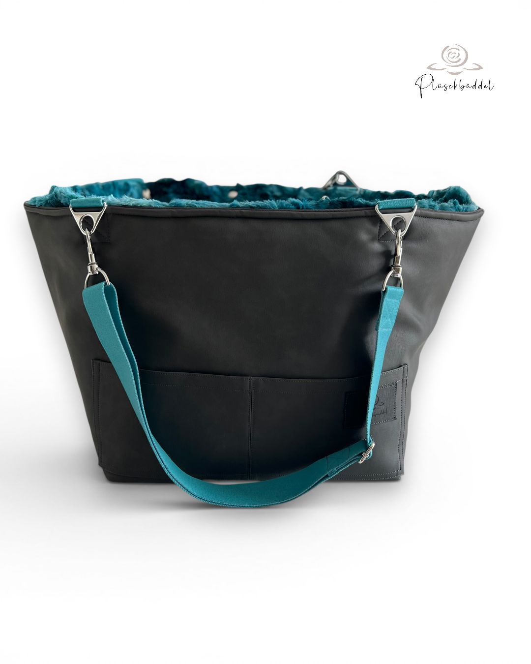 BÜDDELBAG SOFORTKAUF PREMIUM // Grösse S // Kunstleder Dunkelgrau Vintage mit Wechsel-Inlet Galaxy Lagune mit Tragegurt in Türkis // TYP B