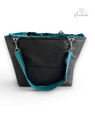 BÜDDELBAG SOFORTKAUF PREMIUM // Grösse S // Kunstleder Dunkelgrau Vintage mit Wechsel-Inlet Galaxy Lagune mit Tragegurt in Türkis // TYP B