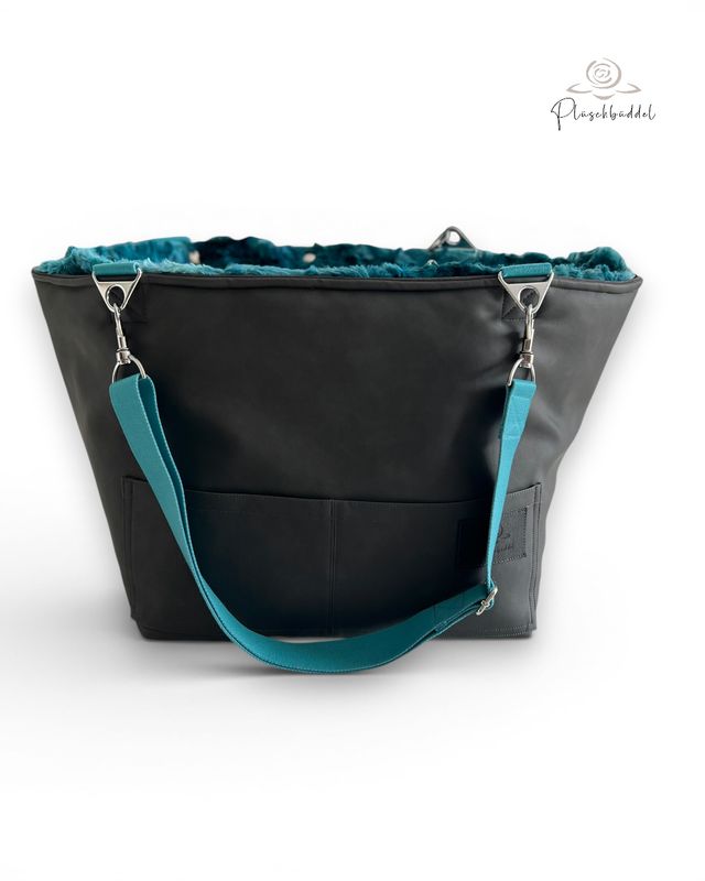 BÜDDELBAG SOFORTKAUF PREMIUM // Grösse S // Kunstleder Dunkelgrau Vintage mit Wechsel-Inlet Galaxy Lagune mit Tragegurt in Türkis // TYP B
