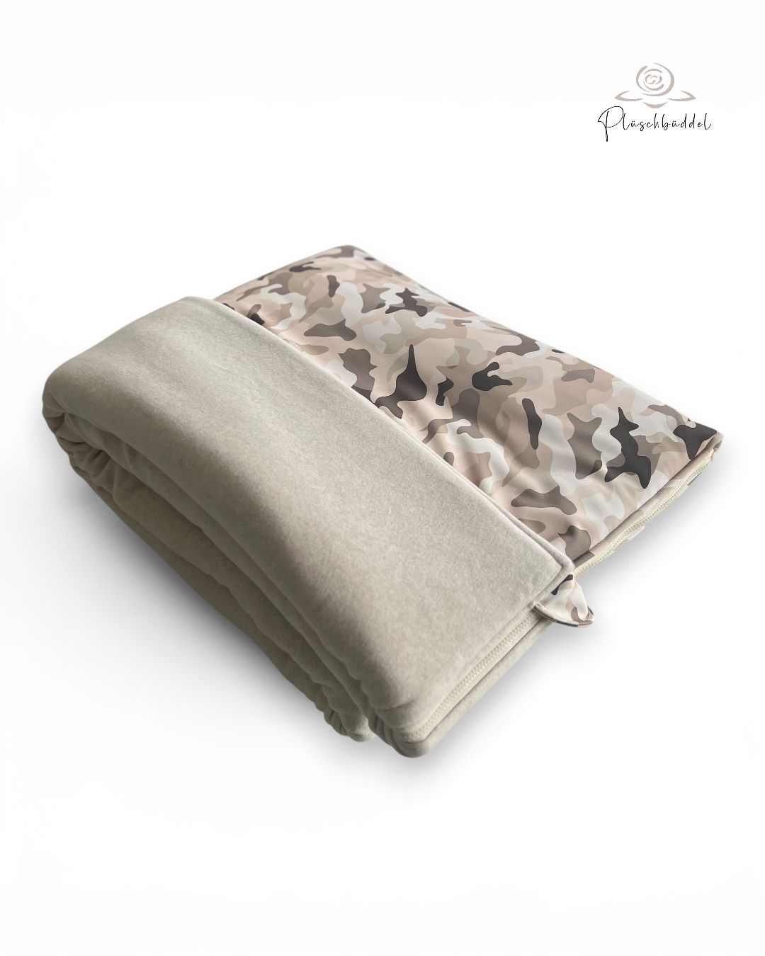 HUNDESCHLAFSACK OUTDOOR &amp; INDOOR LUXUS // Softhshell Special Camou Sandbeige -Töne + Baumwollfleece Beige + Reißverschluss Ecru-Sahne  // Grösse L ca. 120x65 cm