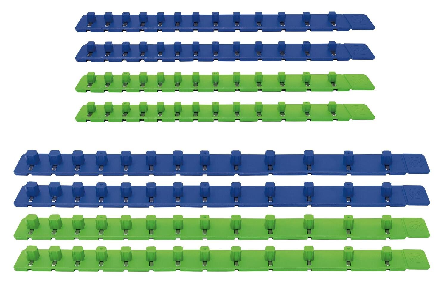 ECFMR8PCK - 1/4" & 3/8" Drive Flexible Blue & Green Magnetic 13 Tab Socket Rails (8/Pk)