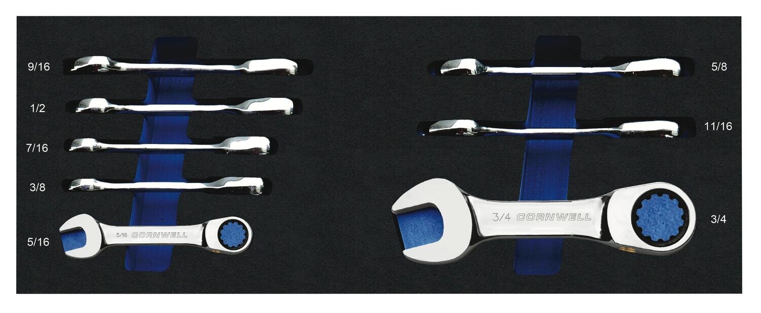 CRW8SSB - 8 Piece 120-Tooth SAE Stubby Ratcheting Combination Wrench Set
