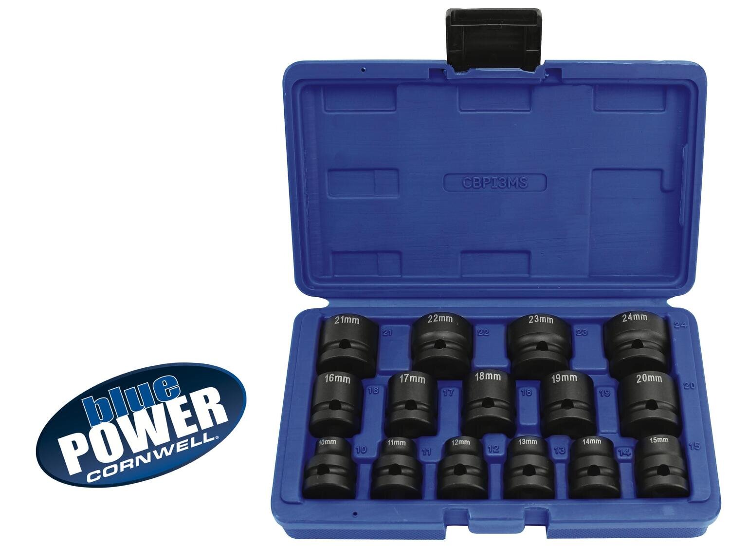 CBPI3MS - 15 Piece 1/2" Drive Cornwell® bluePOWER® Metric Stubby Power Socket Set, 6 Point