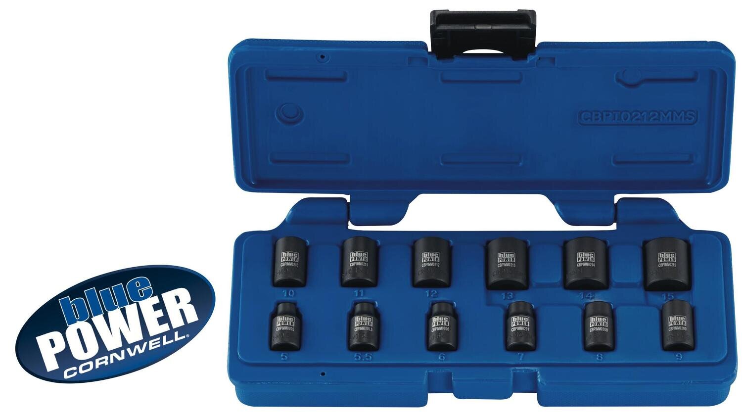 CBPI0212MMS - 12 Piece 1/4” Drive Cornwell® bluePOWER® Metric Magnetic Power Socket Set, 6 Point