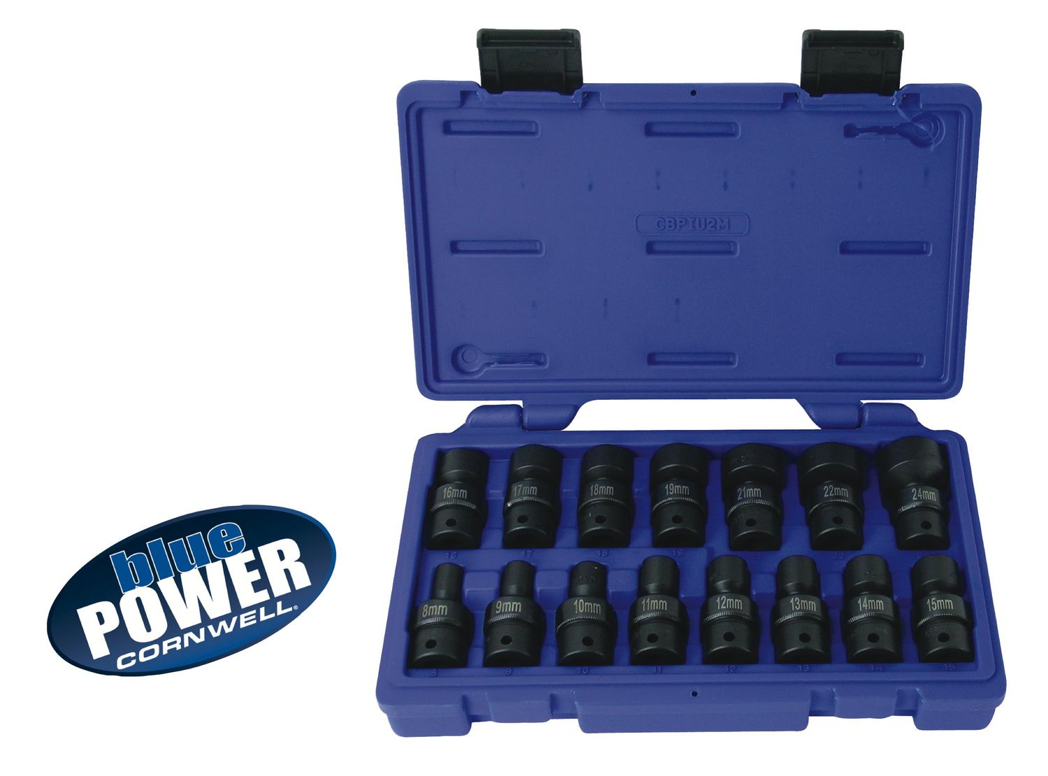 CBPIU2M - 15 Piece 3/8" Drive Cornwell® bluePOWER® Metric Power Universal Socket Set, 6 Point