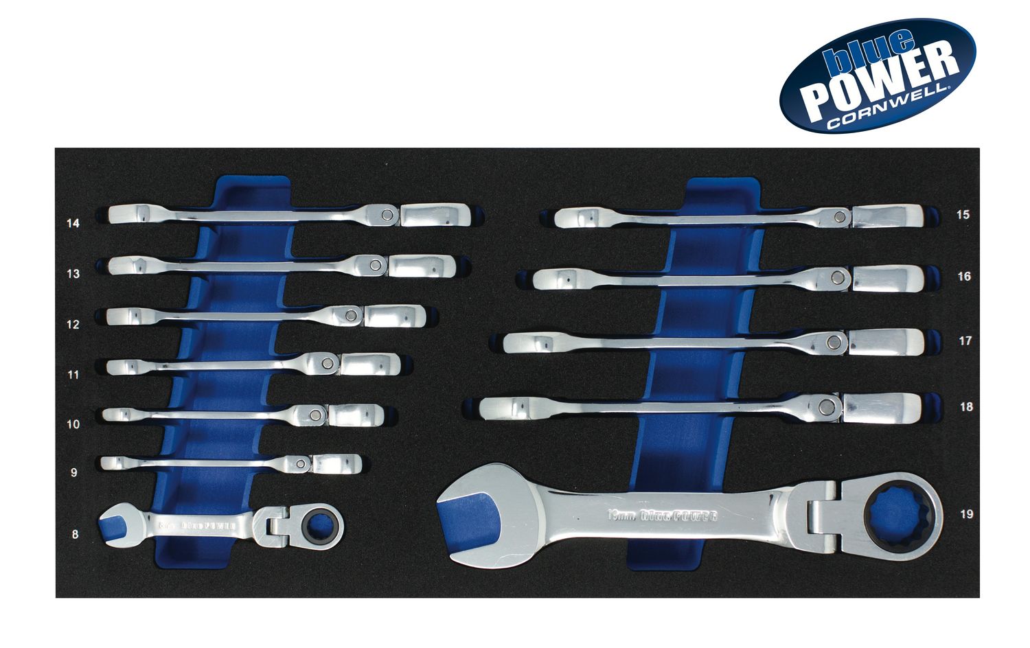 BPRW12MFSST - 12 Piece Cornwell® bluePOWER® 72-Tooth Metric Stubby Flex Ratcheting Combination Wrench Set