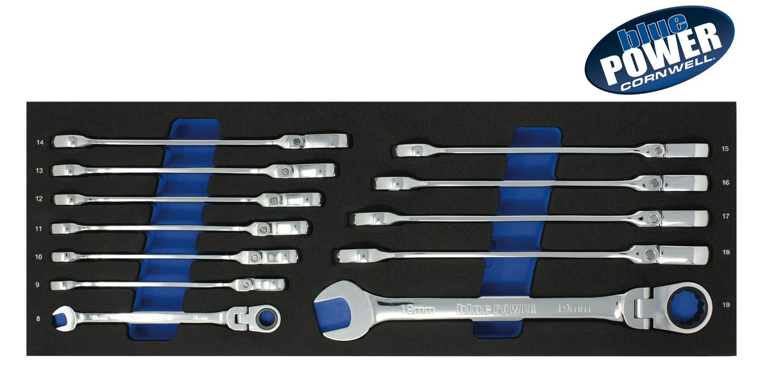 BPRW12MFST - 12 Piece Cornwell® bluePOWER® 72-Tooth Metric Flex Combination Ratcheting Wrench Set