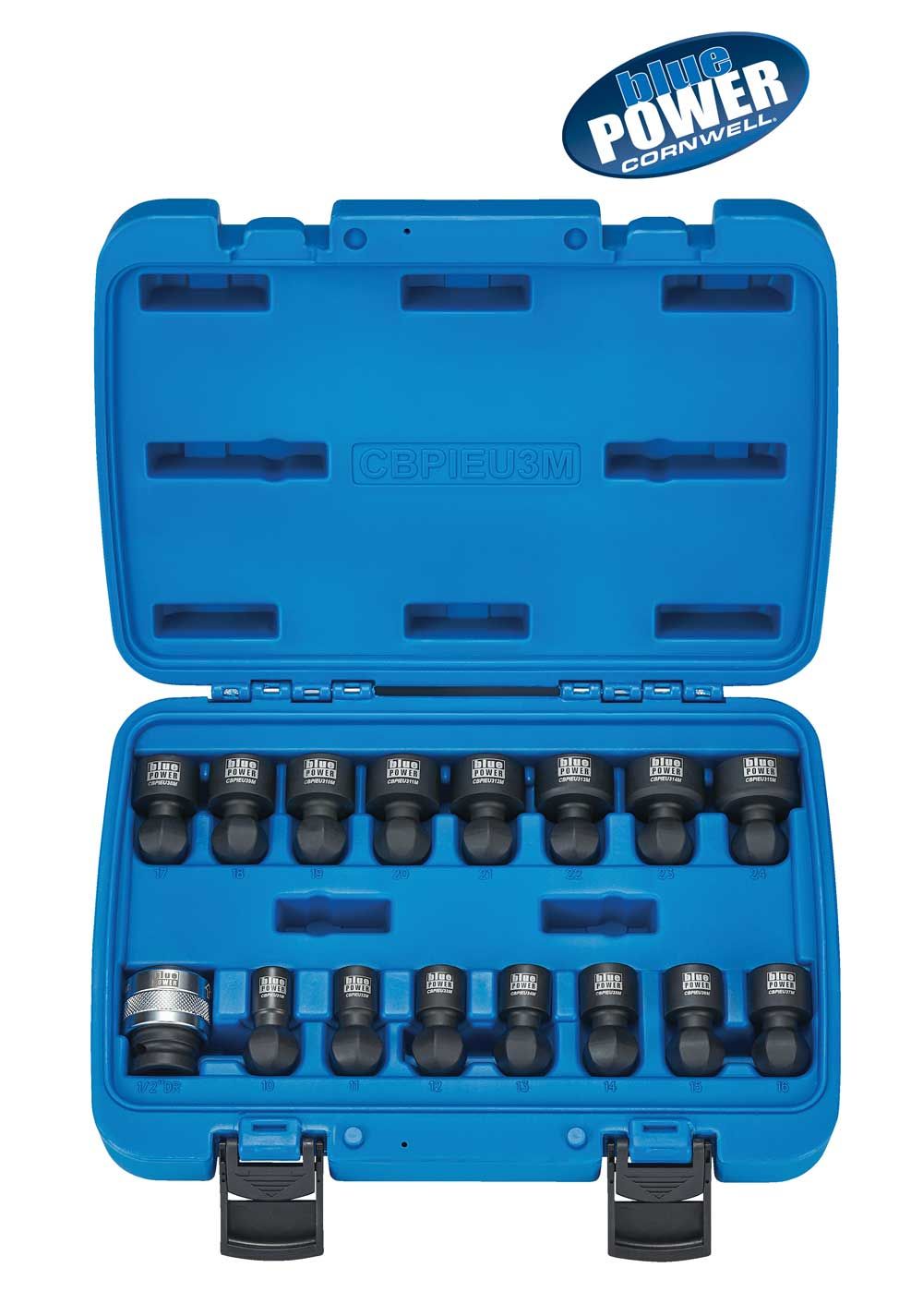 CBPIEU3M - 16 Piece 1/2&quot; Drive Cornwell® bluePOWER® Exchangeable Universal Power (Pin-less) Metric Socket Set, 6 Point