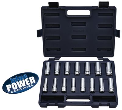 CBP3LMT - 15 Piece 1/2” Drive Cornwell® bluePOWER® Metric Deep Socket Set, 12 Point