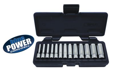 CBP1LMT - 13 Piece 1/4” Drive Cornwell® bluePOWER® Metric Deep Socket Set, 12 Point