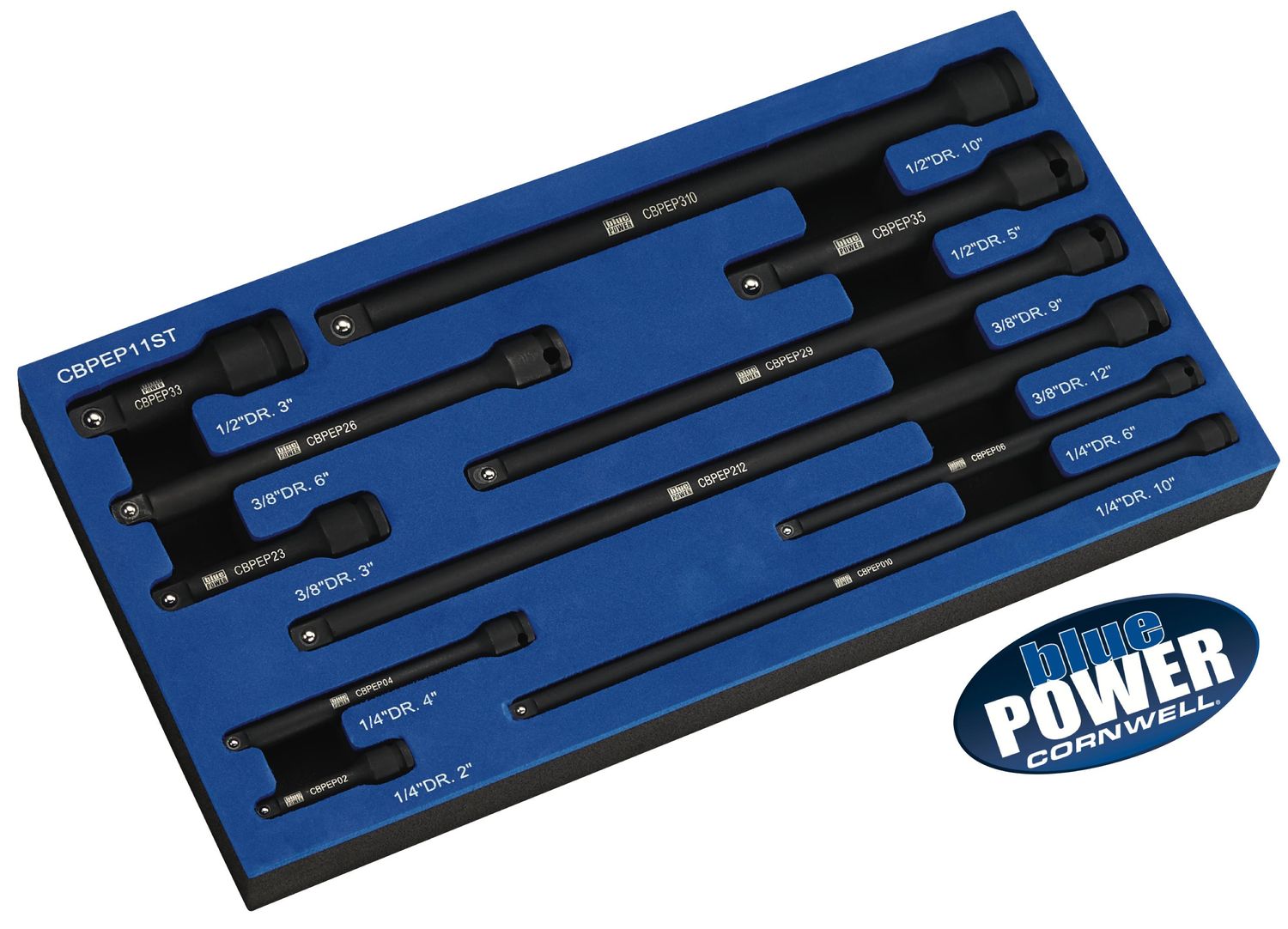CBPEP11ST - 11 Piece 1/4&quot;, 3/8&quot; &amp; 1/2&quot; Drive Cornwell® bluePOWER® Power Extension Set