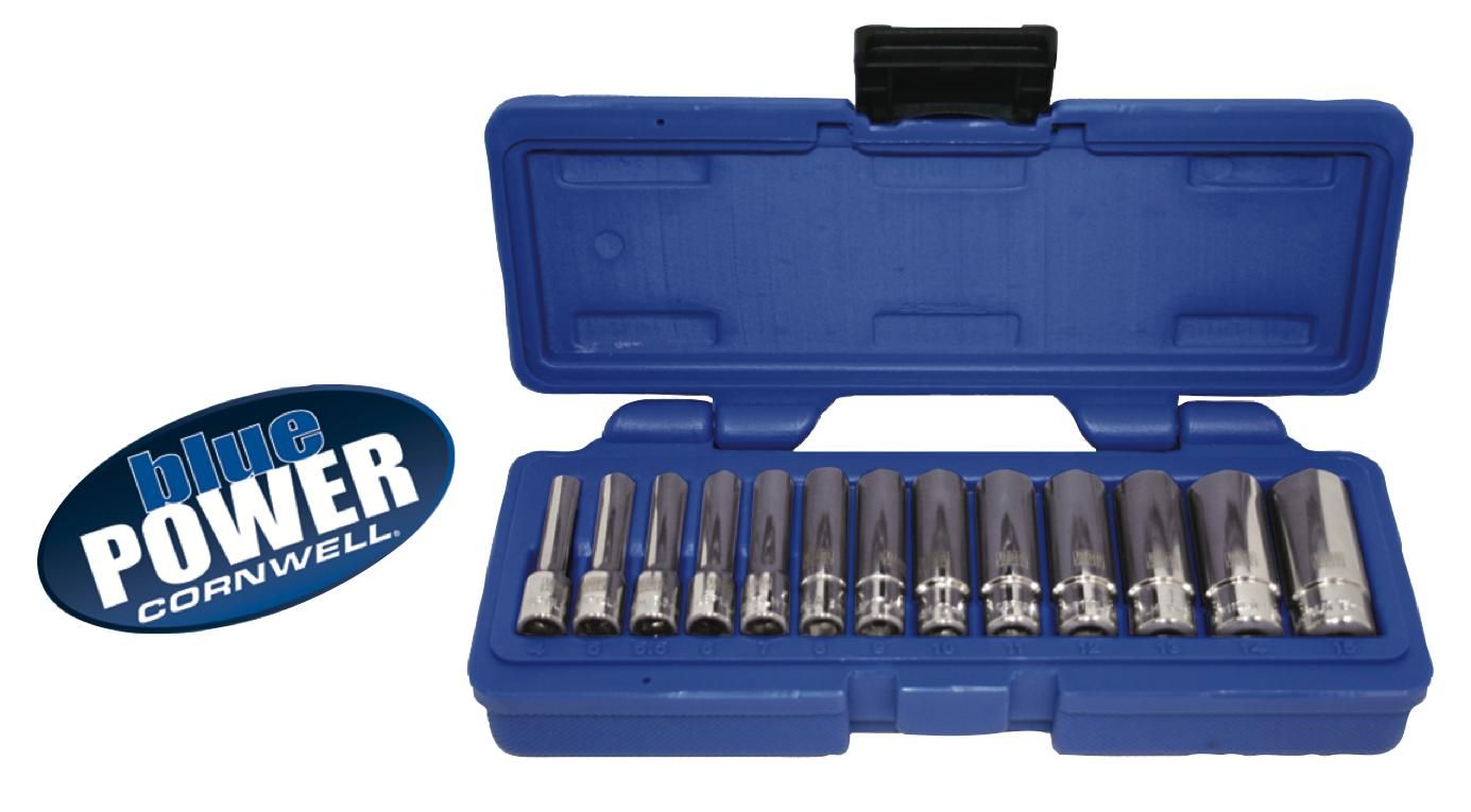 CBP1LM - 13 Piece 1/4” Drive Cornwell® bluePOWER® Metric Deep Socket Set, 6 Point