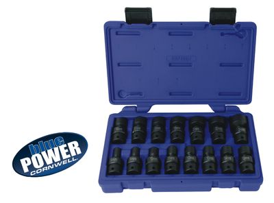 CBPIU2M - 15 Piece 3/8&quot; Drive Cornwell® bluePOWER® Metric Power Universal Socket Set, 6 Point