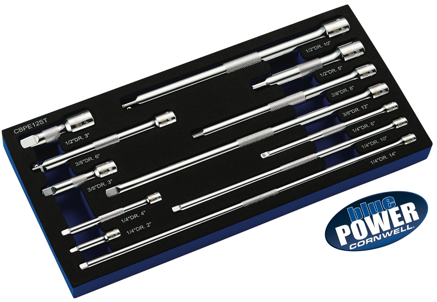 CBPE12ST - 12 Piece 1/4”, 3/8” &amp; 1/2” Drive Cornwell® bluePOWER® Extension Set