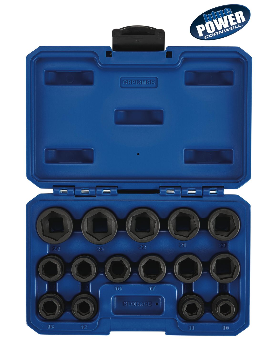 CBPI3MSB - 15 Piece 1/2” Drive Cornwell® bluePOWER® Square or Hex Stubby Metric Socket Set