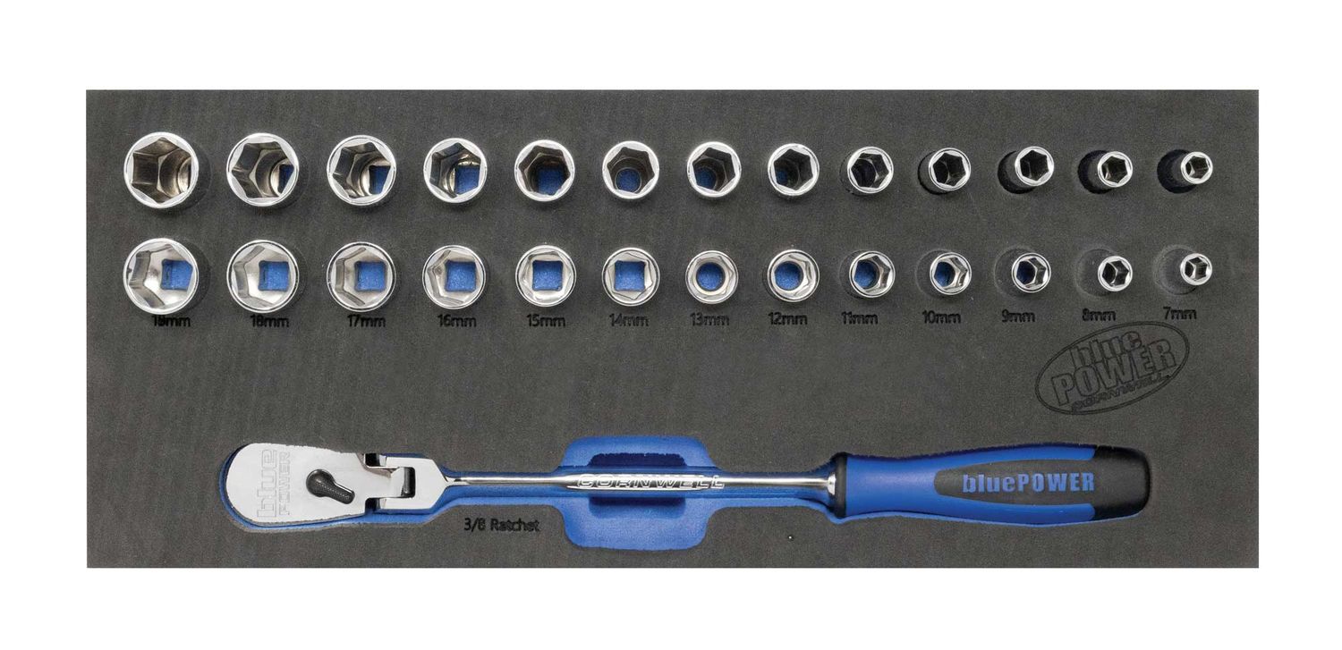 CBP273HFS - 27 Piece Cornwell® bluePOWER® 3/8" Drive Metric Socket &amp; Flex-Head Handled Ratchet Set