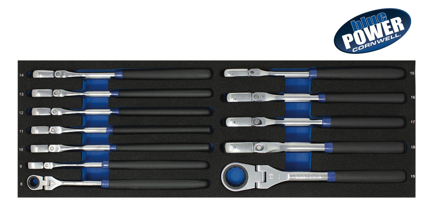 BPRW12SBFMST - 12 Piece Cornwell® bluePOWER® 72-Tooth Metric Flex Ratcheting Slim Beam Wrench Set