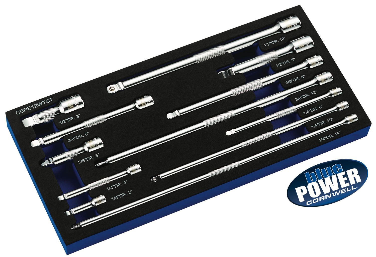 CBPE12WTST - 12 Piece 1/4”, 3/8” &amp; 1/2” Drive Cornwell® bluePOWER® Wobble Extension Set