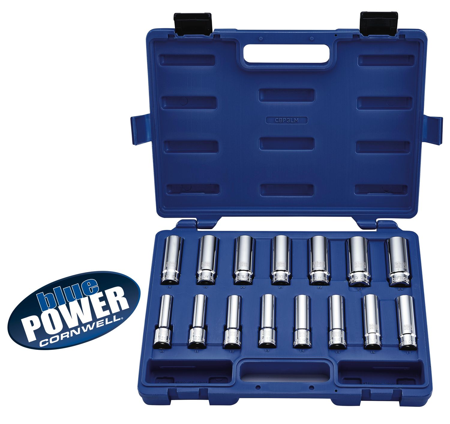 CBP3LM - 15 Piece Cornwell® bluePOWER® 1/2” Drive Metric Deep Socket Set, 6 Point