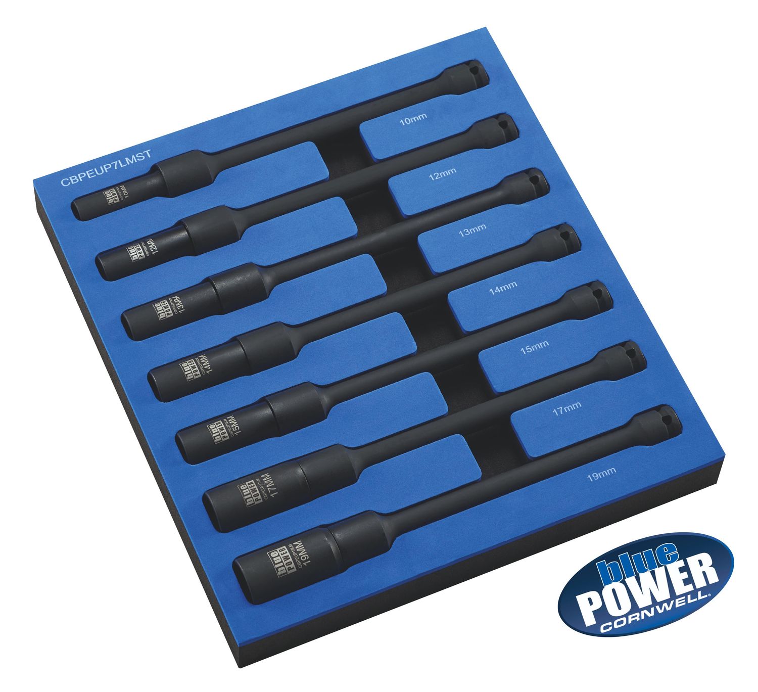 CBPEUP7LMST - 7 Piece 3/8" Drive bluePOWER® Metric Power Deep Universal Extension Set, 6 Point