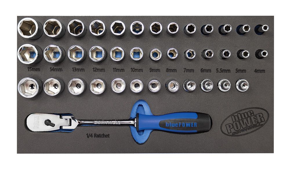 CBP391HFS - 39 Piece bluePOWER® 1/4" Drive Metric Socket &amp; Flex-Head Handled Ratchet Set