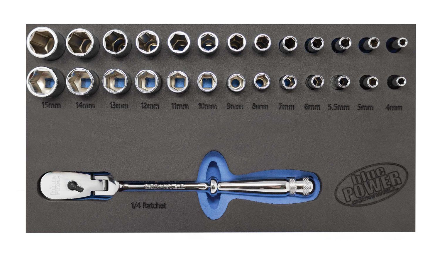 CBP271FS - 27 Piece Cornwell® bluePOWER® 1/4" Drive Metric Socket &amp; Flex-Head Ratchet Set