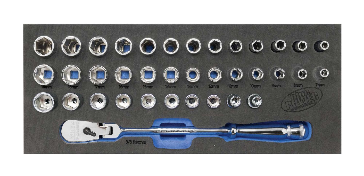 CBP373FS - 37 Piece Cornwell® bluePOWER® 3/8" Drive Metric Socket &amp; Flex-Head Ratchet Set
