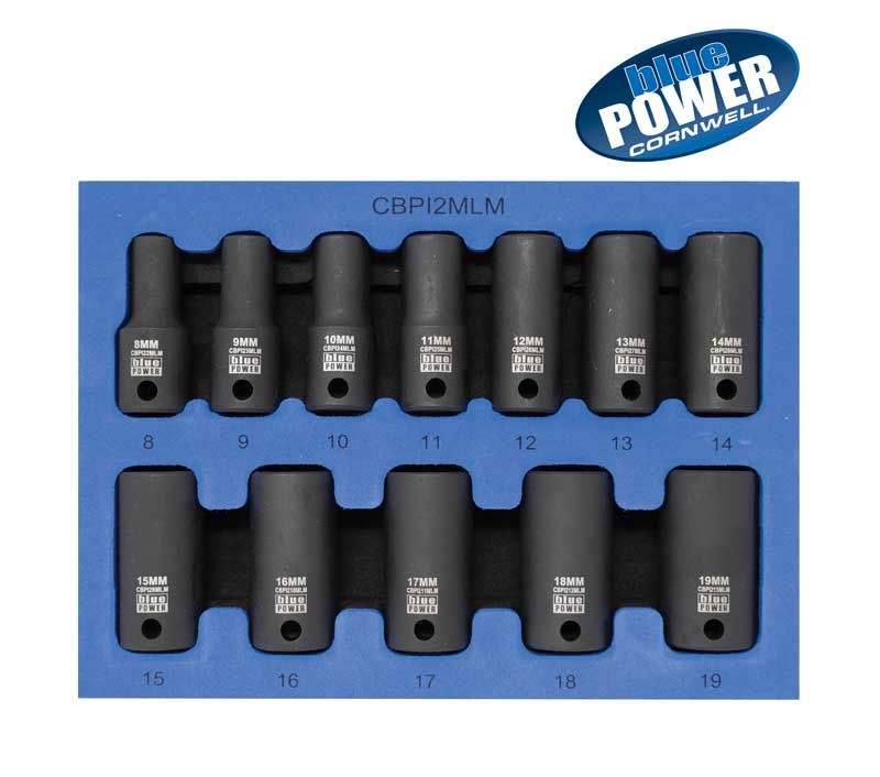 CBPI2MLM - 12 Piece 3/8" Drive Cornwell® bluePOWER® Metric Mid-Length Power Socket Set, 6 Point