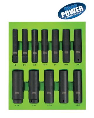 CBPI3XL - 12 Piece 1/2" Drive Cornwell® bluePOWER® SAE Extra Deep Power Socket Set, 6 Point