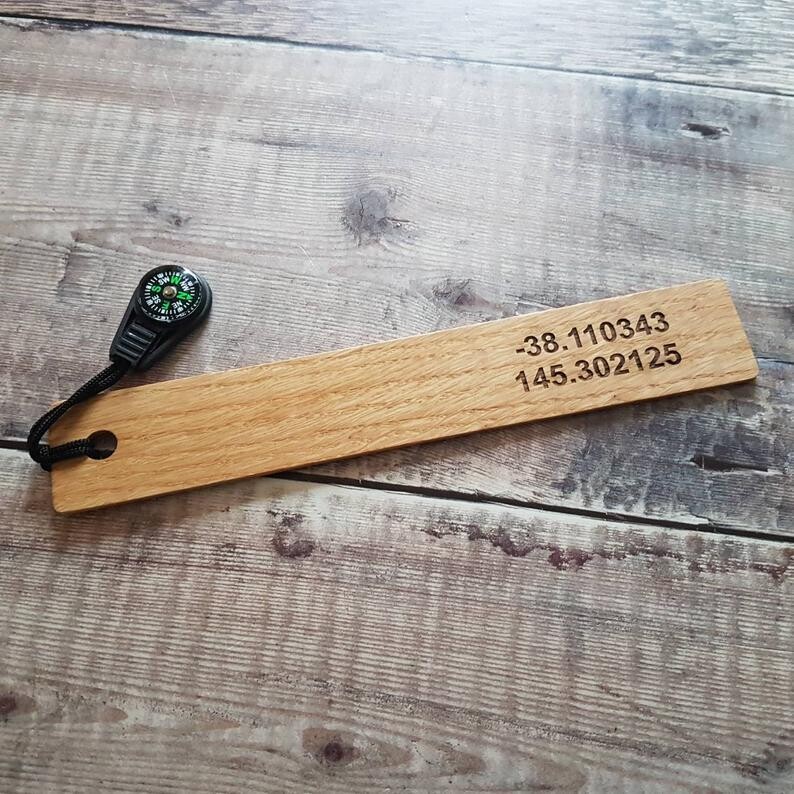 Coordinates engraved bookmark
