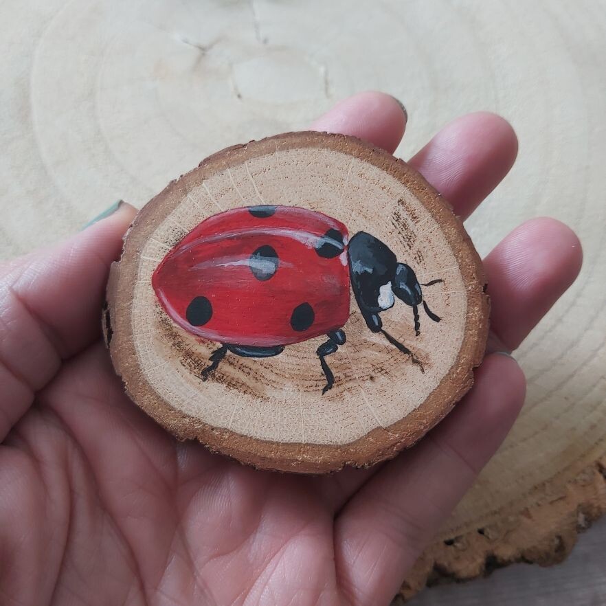 Original painting - Ladybird painted wood slice